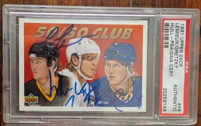 1991 Upper Deck The 50/50 Club Signed  Gretzky Lemieux Hull Auto PSA/DNA - Image 1 of 2