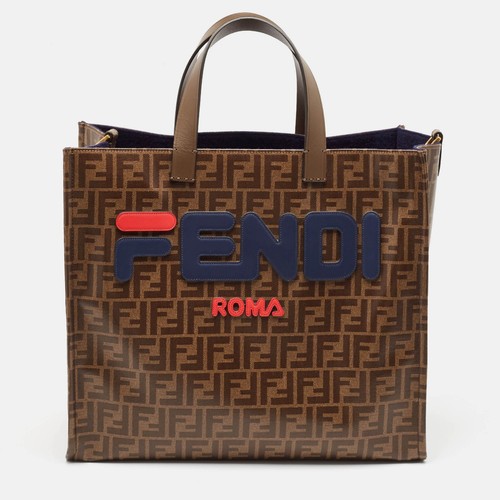 Borsa shopper grande mania in tela rivestita in zucca marrone Fendi