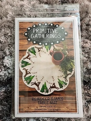 Primitive Gatherings Reindeer Games Table Mat; L. Bongean Wool Applique Holiday - Image 1 of 2
