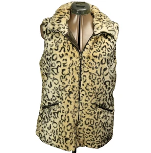 Cato Leopard Print Faux Fur Full Zip Vest High Neck Zip Pockets Brown & Black L - Picture 1 of 23