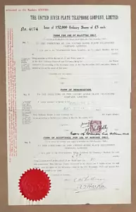 Certificado de acciones de United River Plate Telephone Company transferencia a Coutts & Co. - Imagen 1 de 1