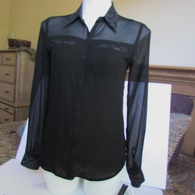 XOXO black crepe sheer long sleeve animal print button front blouse-Small-NWT - Image 1 of 4