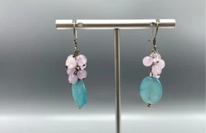 Sterling Silver, Jadeite & Amethyst Beads Drop Earrings - Picture 1 of 6