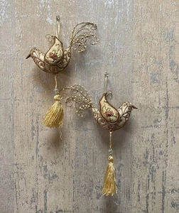 Dove Bird Gold Fabric Metal Faux Pearl Christmas Ornament with Tassel Set of 2 - Picture 1 of 4