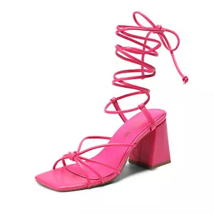 Women Lace Up Heel Sandals Strappy Chunky Heel Square Toe Party Dress Sandals - Picture 1 of 19