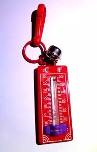 Vintage 1980s Plastic Bell Charm Red Thermometer with Purple Clip on - Picture 1 of 3