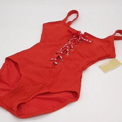 MICHAEL Michael Kors Swimsuit Women 4 Solid Rib Logo Lace-Up One-Piece Persimmon - Image 1 of 4