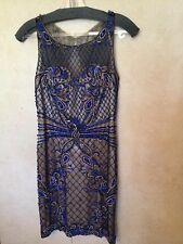 Alyce Paris black lace with navy blue an gold jewels short party dress, size2