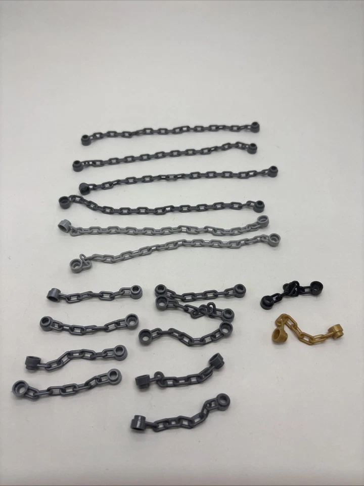 LEGO ОПТОВЫЙ ЛОТ ИЗ 18 ЦЕПЕЙ #92338 #30104 СЕРЫЙ СЕРЕБРИСТЫЙ ЧЕРНЫЙ золотой длинный короткий - Изображение 1 из 1