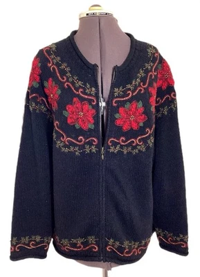 Cárdigan navideño tejido abuela vintage XL bordado flores de pascua acebo Navidad Foto 1 de 4