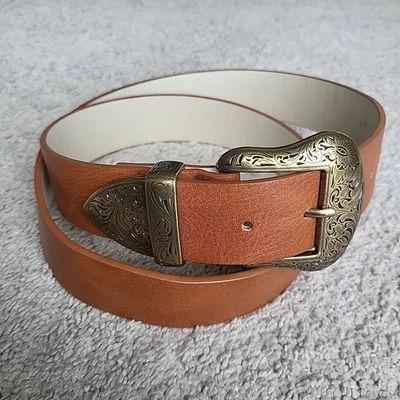 Western Belt Mens 38 Brown Tan Faux Leather Embossed Brass Buckle Cowboy - Image 1 of 4