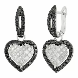 14k White Gold 2.17ctw Black & White Diamond Huggie Hoop Dangle Heart Earrings - Picture 1 of 3
