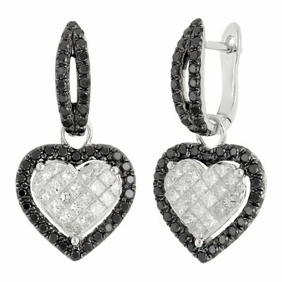 14k White Gold 2.17ctw Black & White Diamond Huggie Hoop Dangle Heart Earrings - Image 1 of 3