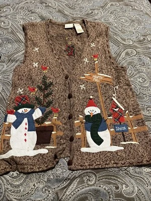 De Colección Bobbie Brooks Talla Mediana Vacaciones Suéter Bordado a Mano Chaleco Muñeco de Nieve Pájaro Foto 1 de 4