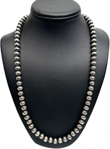Collar Nativo Americano 8mm Plata Esterlina Cuentas Navajo 24" Gancho y Cono de Ojo - Imagen 1 de 10
