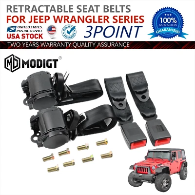 Retractable 3 Point Safety Seat Belt Straps Adjustable Kit Black For Jeep CJ5 - Изображение 1 из 4