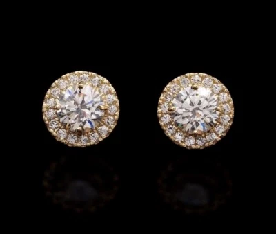  14K Yellow Gold Cubic Zircon Round Halo Cluster Stud Push Back Earrings - Image 1 of 2
