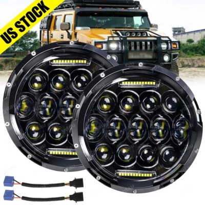 For 2003-2009 Hummer H2 Pair 7" inch Round LED Headlights High Low Beam DRL Lamp - Image 1 of 4