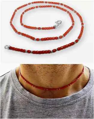 Collana di Corallo naturale rosso pietre in argento 925 da uomo placcato oro bia - Immagine 1 di 4