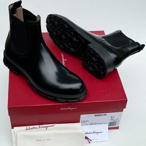 FERRAGAMO IAGO 13 D 46 Men's Black Leather Chelsea Gancini Boots Dress Casual - Picture 1 of 7