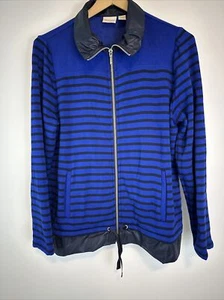 Zenergy Chicos Sz 1 Blue Black Striped Zip Sweatshirt Rayon Blend Ruffle Trim F - Picture 1 of 12