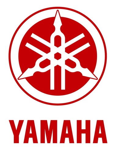 Red Yamaha 5GH-14711-01 exhaust muffler logo with white starburst design and bold red “Yamaha” text.
