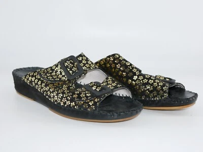 La Plume Italy Black Gold Floral Leather Slide Sandals Shoes Size US 7.5 EU 38 - Image 1 of 4