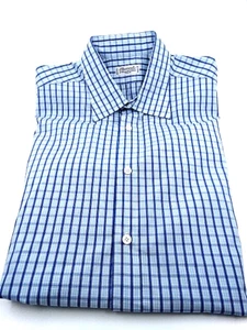 NEW! CHARVET Paris Blue & Green Plaid Button Down Dress Shirt, 42 L /16.5 Cotton - Picture 1 of 4