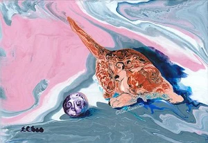 Cute Kitty Art "Cat Ball Chase #4" Original Acrylic Abstract Painting - Picture 1 of 2