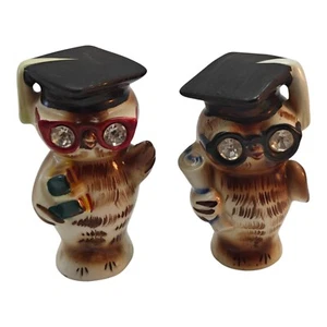 Vintage Lefton 1956 Owl Graduation Salt and Pepper Shakers Jeweled Eyes - Picture 1 of 10