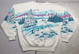 VTG 90's AOP Angel Fire New Mexico Puff Graphic Sweatshirt Cabin Snow Mountains - Picture 1 of 17