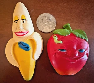 Vintage Arjon Fruit Anthropomorphic Face Refrigerator Magnets Banana Apple Worm - Picture 1 of 3