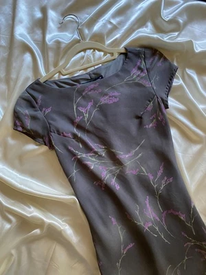 Maxi XS/S Boho vintage 1990 Jonathan Martin gris corte sesgado floral lavanda púrpura Foto 1 de 4