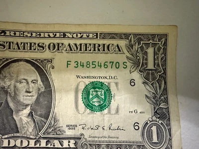 1995 - $1 One Dollar Bill Fancy Serial Number Note F 34854670 S - OLD VINTAGE - Image 1 of 3