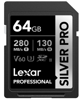 64GB Lexar Silver Pro SD Card UHS-II Memory Card Up To 280MB/s Read Black - Image 1 of 4