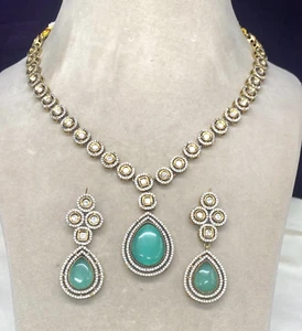 Elegant Gold Finish Pastel Green Stone CZ Studded Pendant Necklace Set For Women - Picture 1 of 3