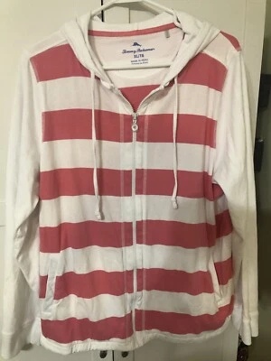 Tommy Bahama Zip Up Women’s XL White Pink Stripe Sweatshirt Hoodie Jacket - Image 1 of 4