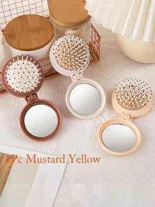 Small Round Folding Detangle Hair Beard Brush Pocket Mirror Portable Travel Size - Picture 1 of 10