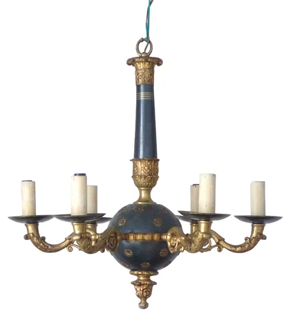 XL Antique French 6 Arms Ormolu Bronze Tole Chandelier Ceiling Empire Style RARE Cover