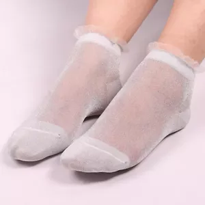 1Pair Ladies Ankle Socks Plain Glitter Finish Design Ultra-thin Socks Breathable - Picture 1 of 20
