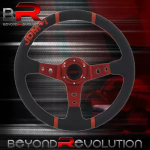 Universal 3 Spokes 350mm Black PVC Leather Red Aluminum Steering Wheel - Picture 1 of 4