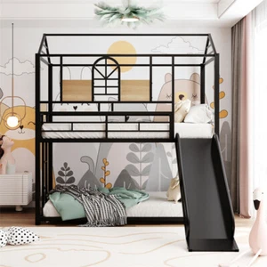 Twin Over Twin Bunk Bed with Slide House Bed Metal Bed Frames for Kids Bedroom - Picture 1 of 20