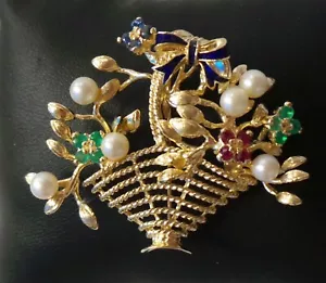 14k Yellow Gold Emerald Sapphire Ruby Pearl Floral Basket Pin Brooch 13.7g - Picture 1 of 7