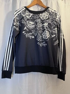 Adidas Originals Florido Sketched Floral Black White Sweatshirt Stripe Sleeve S - Picture 1 of 8
