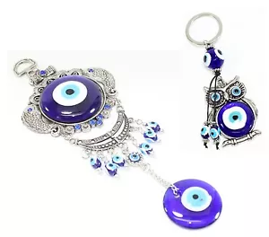 Juego de 2 ~ Carpas azules turcas mal de ojo amuleto colgante de pared + cadena llavero búho - Imagen 1 de 6