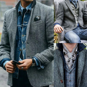 Men's Gray Herringbone Suits Jacket Tweed Casual Wear Blazer Business Workwear
