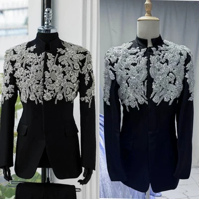 豪华男式套装水钻黑色托管派对婚礼舞会 2 件夹克宴会 — 第 1/4 张图片