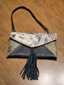 Genuine Leather Western Cow Hair-On-Hide Envelope Purse Turquoise/Brown Embossed - Picture 1 of 16