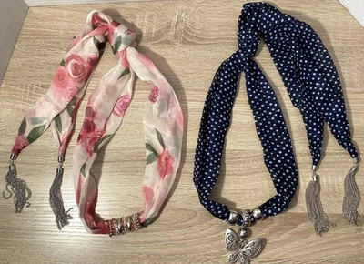 Womens’ Fashion Scarf Necklace Set Of 2 Navy Polka Dot Butterfly & Beaded Roses - Image 1 of 4