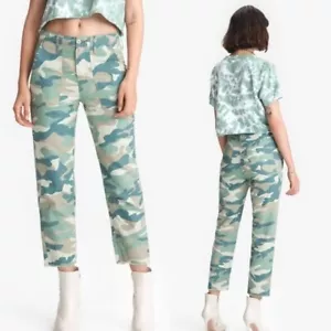 NWT $218 MOTHER The Shaker Chop Crop Pants in Blue Green Camo Linen Cotton 28 - Picture 1 of 7
